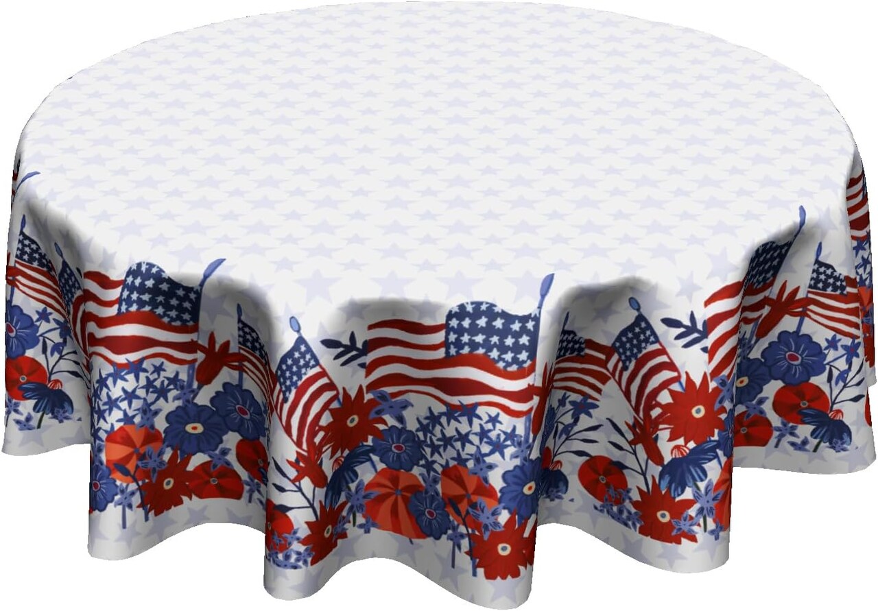 Patriotic Red and Blue Flowers Tablecloth Round 60 Inch 4th of July Memorial Day Table Cloths Polyester Fabric American Flag Table Cover for Kitchen Dining Room Picnic Party Independence Day Outdoor